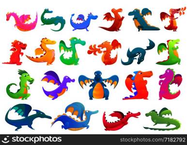 Dragon icons set. Cartoon set of dragon vector icons for web design. Dragon icons set, cartoon style
