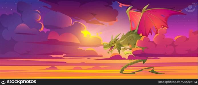 Dragon in cloudy sky, fantastic character, magic creature flying in dusk heaven with beautiful purple clouds, Fairytale animal, fantasy book or computer game personage, Cartoon vector illustration. Dragon in cloudy sky, fantastic magic character