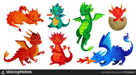 Dragon kids. Fantasy baby dragons, funny fairytale reptile and medieval legends fire breathing serpent. Fairy tale magic dinosaur child, cute monster babies. Cartoon isolated vector icons set. Dragon kids. Fantasy baby dragons, funny fairytale reptile and medieval legends fire breathing serpent cartoon isolated vector set