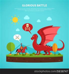 Dragon knight legend illustration flat. Legendary medieval knight in suit of armor battle with dragon flat abstract pictogram poster print vector illustration