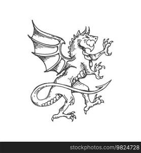 Dragon medieval heraldic animal monster sketch. Hell monster or fantasy dragon, legend creature or heraldry sketch vector symbol or sign. Magic animal, etching emblem or royal coat of arms beast. R&art dragon medieval heraldic monster sketch