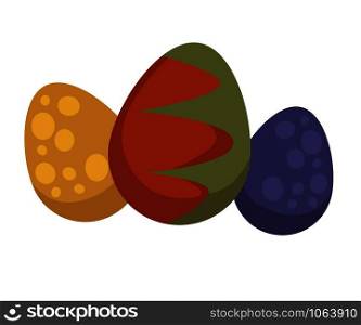 Dragon or dinosaur eggs in color shell with dots mystical creature isolated icon monster or beast legendary animal baby nature object birth and new life fetus in hard natural container vector.. Dragon eggs in color shell mysctic creature isolated icon