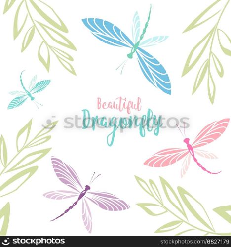 Dragonflies in flight. Vector llustrace dragonfly on a white background. Brightly colored dragonflies in flight