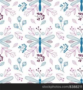 Dragonfly and flowers. Seamless pattern for sewing women clothing. Printing on fabric and packaging.