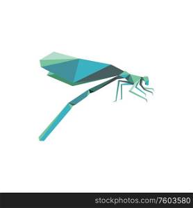 Dragonfly isolated origami animal. Vector long-bodied predatory insect with wings, blue handmade flying adder. Origami art isolated blue dragonfly insect