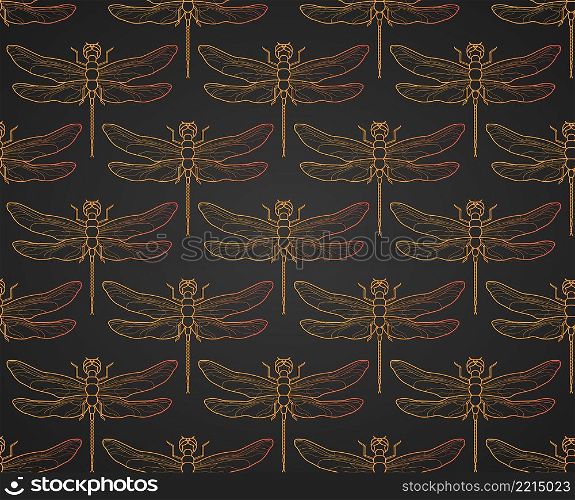 Dragonfly pattern seamless vector illustration. Insect pattern background gold. Vintage romantic tile luxury gold dragonfly on minimalistic dark elegant background. Black gold .. Dragonfly pattern seamless vector illustration. Insect pattern background gold. Vintage romantic tile luxury gold dragonfly on minimalistic dark elegant background. Black gold pattern.