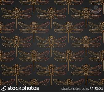 Dragonfly pattern seamless vector illustration. Insect pattern background gold. Vintage romantic tile luxury gold dragonfly on minimalistic dark elegant background. Black gold .. Dragonfly pattern seamless vector illustration. Insect pattern background gold. Vintage romantic tile luxury gold dragonfly on minimalistic dark elegant background. Black gold pattern.