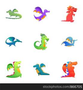 Dragons icon set. Cartoon set of 9 dragons vector icons for web design isolated on white background. Dragons icon set, cartoon style