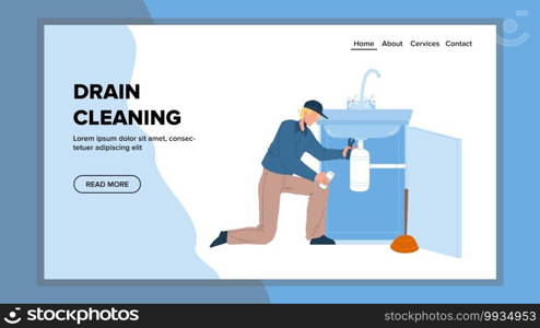 Drain Cleaning Repairman With Equipment Vector. Pipe Drain Cleaning And Removing Blockage Young Plumber With Spanner And Plunger. Character Repair Service Web Flat Cartoon Illustration. Drain Cleaning Repairman With Equipment Vector