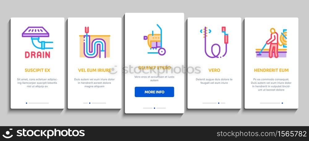 Drain Cleaning Service Onboarding Mobile App Page Screen Vector. Drain System Clean Equipment And Agent Cleanser, Worker Cleaner Plumber Illustrations. Drain Cleaning Service Onboarding Elements Icons Set Vector