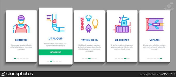 Drain Cleaning Service Onboarding Mobile App Page Screen Vector. Drain System Clean Equipment And Agent Cleanser, Worker Cleaner Plumber Illustrations. Drain Cleaning Service Onboarding Elements Icons Set Vector