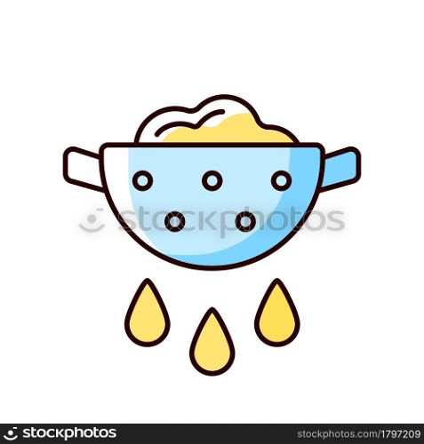 Drain food RGB color icon. Rinsing pasta from water. Product in colander with pouring grease. Cooking instruction. Food preparation process. Isolated vector illustration. Simple filled line drawing. Drain food RGB color icon