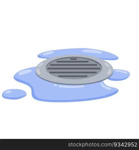 Drain in plumbing. Grid on floor. Element of water supply system. Blue puddle and drops of water. Bath and shower detail. Flat cartoon illustration. Drain in plumbing. Sink hole on floor.