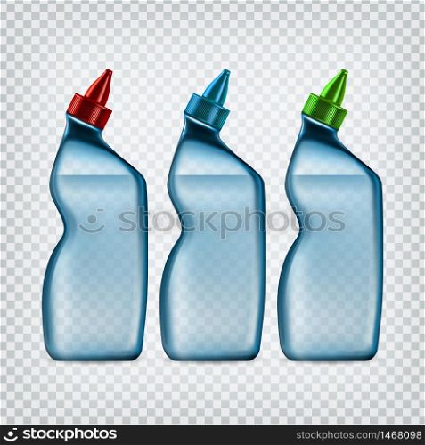 Drain Pipe Cleaner Detergent Bottle Set Vector. Collection Of Transparency Blank Package With Multicolor Cap For Clean Basin Siphon, Sink Drain And Clogged Tube. Template Realistic 3d Illustrations. Drain Pipe Cleaner Detergent Bottle Set Vector