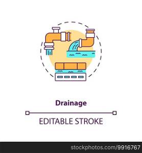 Drainage concept icon. Sewage utility system. Sewer pipeline. Water waste management. Civil engineering idea thin line illustration. Vector isolated outline RGB color drawing. Editable stroke. Drainage concept icon