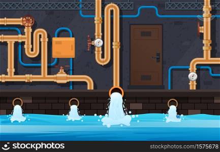 Drainage pipes system. Industrial heating system, urban municipal water pipes treatment system service vector background illustration. Drainage pipeline, industrial tubing engineering in basement. Drainage pipes system. Industrial heating system, urban municipal water pipes treatment system service vector background illustration