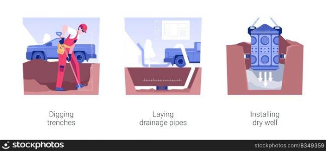 Drainage system installation isolated concept vector illustration set. Digging trenches, laying drainage pipes, installing dry well, exterior works in private house building vector cartoon.. Drainage system installation isolated concept vector illustrations.