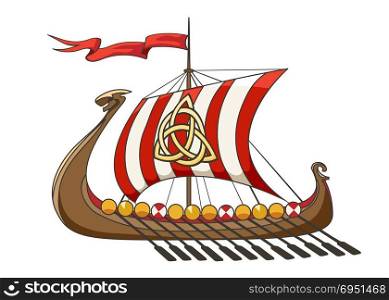 Drakkar medieval Viking Battle Ship in cartoon style. Vector Illustration.