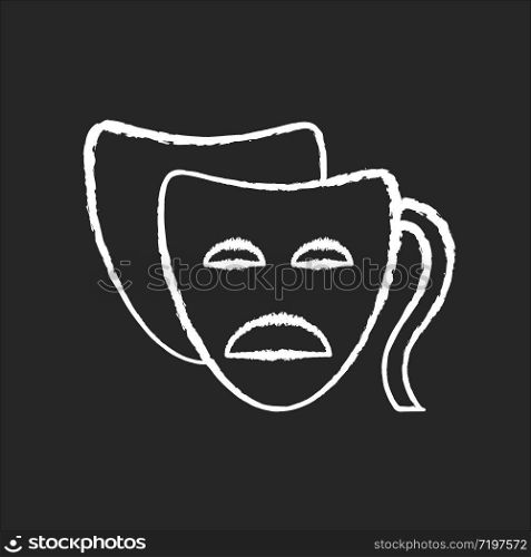Drama chalk white icon on black background. Serious film and TV production. Common movie genre, classic theater. Popular cinematography category. Tragedy mask isolated vector chalkboard illustration