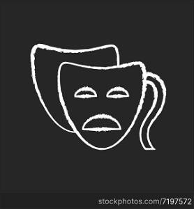 Drama chalk white icon on black background. Serious film and TV production. Common movie genre, classic theater. Popular cinematography category. Tragedy mask isolated vector chalkboard illustration