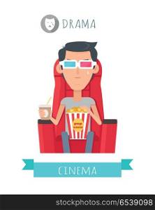 Drama film concept. Crying moved man seating on comfortable chair with drink and popcorn in cinema isolated flat vector. Cinemaddict on film premiere. Entertainment on 3D attraction. For movie promo. Drama Movie Flat Style Vector Concept. Drama Movie Flat Style Vector Concept