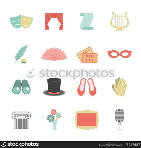 Drama opera theatre performance icon flat set with scene symbols isolated vector illustration