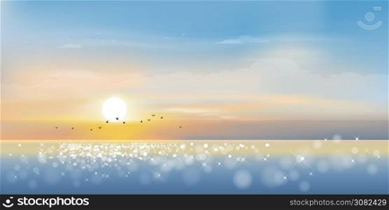 Dramatic sunset with sky line in orange, yellow and pink with birds flying background,Vector illustration beautiful nature of landscape seaside in evening for Summer holiday