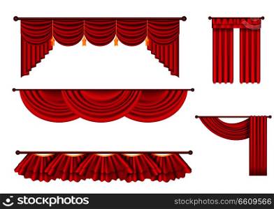 Drape and lambrequins of heavy red fabric vector set isolated on white background. Classic wide curtains in victorian style on cornice illustration for window dressing and interior design concepts