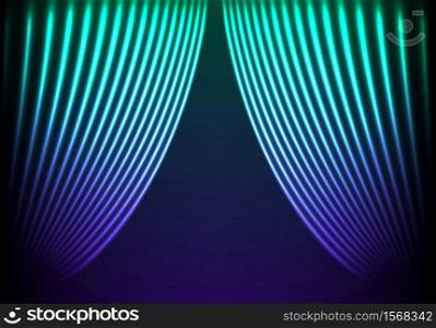 Drapery futuristic background with 80s style neon lines. Welcoming drapes for cover or party invitation made in new retro wave trend.