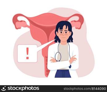 Draw attention to woman reproductive health 2D vector isolated illustration. Doctor with exclamation mark flat character on cartoon background. Colorful editable scene for website. Recursive font used. Draw attention to woman reproductive health 2D vector isolated illustration