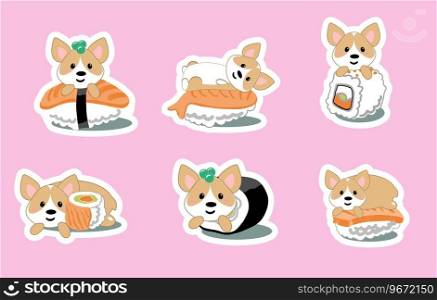 Draw collection kawaii sushi corgy dog. Doodle cartoon style