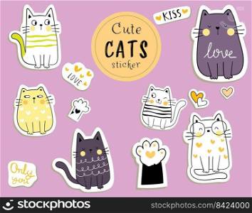 Draw collection stickers funny cat in love concept