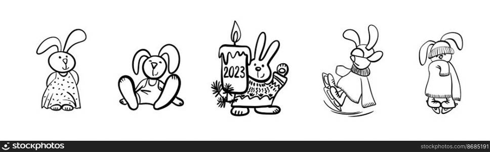 Draw vector illustration set character design of cute rabbit.Doodle style.. Draw vector illustration cute rabbit, bunny. Symbol 2023 year. Doodle style.