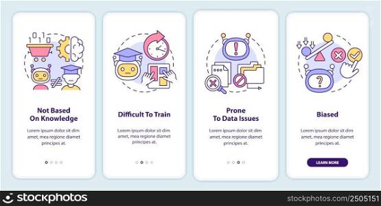 Drawbacks of machine learning onboarding mobile app screen. Walkthrough 4 steps graphic instructions pages with linear concepts. UI, UX, GUI template. Myriad Pro-Bold, Regular fonts used. Drawbacks of machine learning onboarding mobile app screen