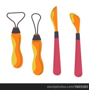 Drawing and painting instruments for artists, lessons and classes for beginners. Isolated tools with handles, knives and wires with shape. Handmade art and hobby skills. Vector in flat style. Tools and instruments for painting and drawing
