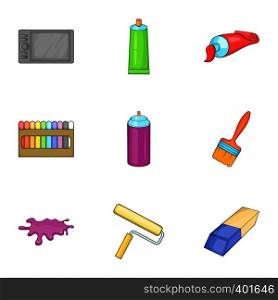 Drawing and painting tool icons set. Cartoon illustration of 9 drawing and painting tool vector icons for web. Drawing and painting tool icons set, cartoon style