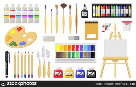 Drawing and painting tools set. Brushes, oil paints, palette, easel with canvas, paintbrushes, pencils, eraser, crayons. Vector illustration for studying in art school, artist studio concept