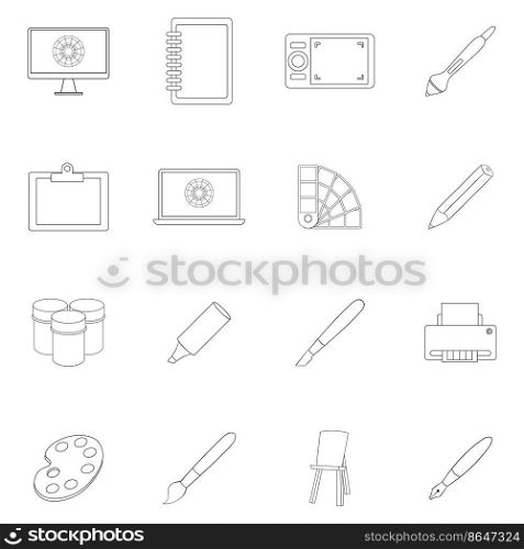 Drawing and painting tools set icons in outline style isolated on white background. Drawing and painting tool icon set outline