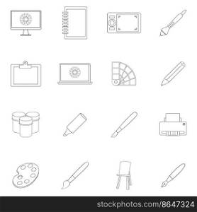 Drawing and painting tools set icons in outline style isolated on white background. Drawing and painting tool icon set outline