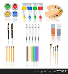 Drawing and painting tools with realistic color palette pencils and brushes isolated vector illustration