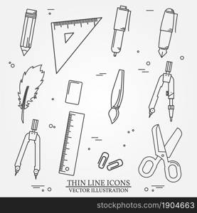 Drawing and writing tools icon thin line for web and mobile, modern minimalistic flat design. Vector dark grey icon on light grey background.. Drawing and writing tools icon thin line for web and mobile, mod
