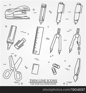 Drawing and writing tools icon thin line for web and mobile, modern minimalistic flat design. Vector dark grey icon on light grey background.