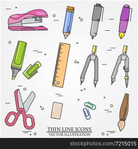 Drawing and writing tools icon thin line for web and mobile, modern minimalistic flat design. Vector dark grey icon on light grey background.. Drawing and writing tools icon