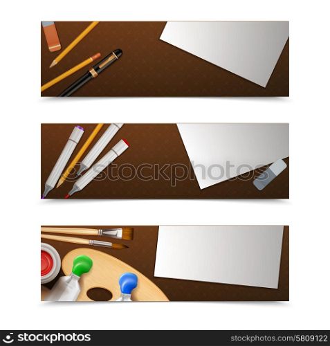 Drawing banners horizontal set with painter tools and paper sheets isolated vector illustration. Drawing Banners Horizontal