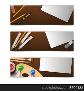 Drawing banners horizontal set with painter tools and paper sheets isolated vector illustration. Drawing Banners Horizontal