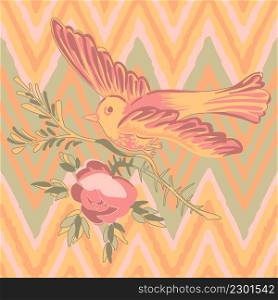 Drawing bird flying with flower roses tropical vintage print, seamless stripes zigzag pattern grunge retro background in pastel colors. Vector illustration for design, fashion, textile, greeting card