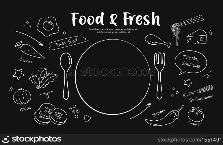Drawing black and white food & fresh design on black background, vector illustration