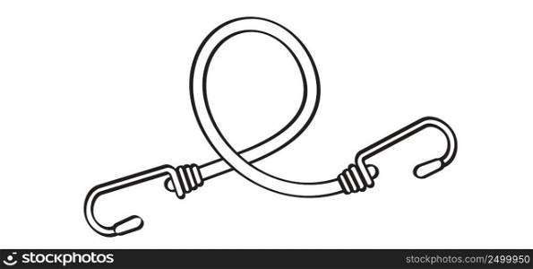 Drawing cartoon, elastic with hook. Cord with Hooks. Bungee spider sign. Rope icon. For Braided elastic strap with hooks. Elastic band. Bungee cords. Rubber strap with steel hooks. luggage rack.