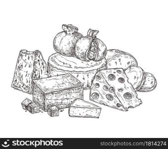 Drawing cheese. Sketch ingredients, dairy food products. Doodle edam gouda slices, lunch breakfast snacks vector illustration. Cheese food gourmet, dairy product drawn, organic swiss and mozzarella. Drawing cheese. Sketch ingredients, vintage dairy food products. Doodle edam gouda slices, lunch breakfast snacks exact vector illustration