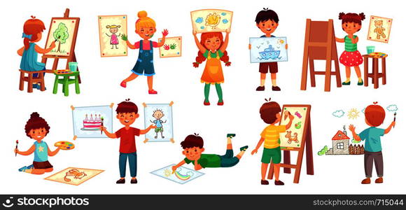 Drawing children. Kid illustrator, baby drawing play and draw kids group. Childrens paint watercolor pictures in creative school class. Art lesson cartoon vector illustration. Drawing children. Kid illustrator, baby drawing play and draw kids group cartoon vector illustration